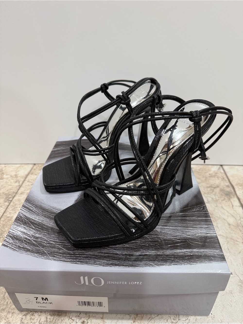 Jennifer Lopez Black Strappy Ankle-Tie Stiletto Sandals - Picture 4 of 7
